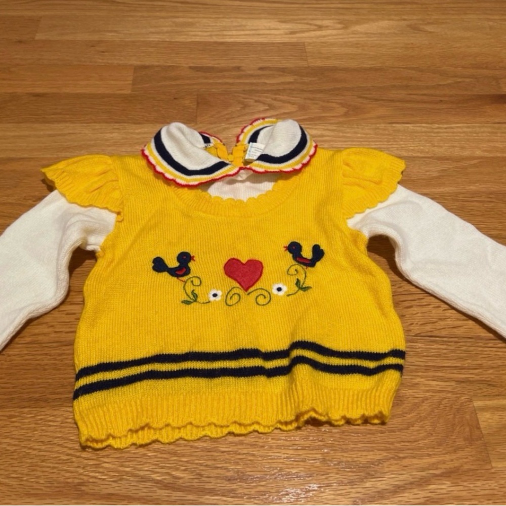Vintage Yellow Knit Sweater with Bird Embroidery size 3T
